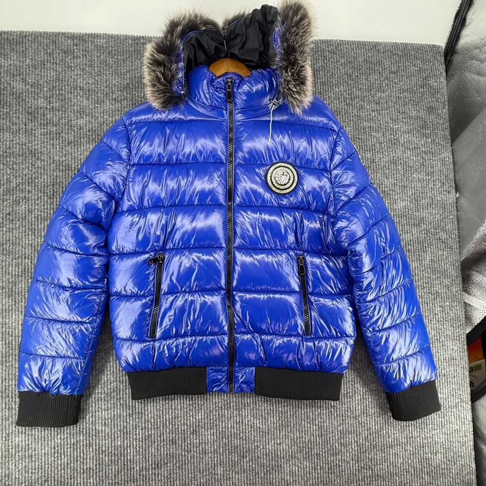 Switch Remarkable Puffer Jacket Mens XL Blue NWT Faux Fur Hood Lion Patch